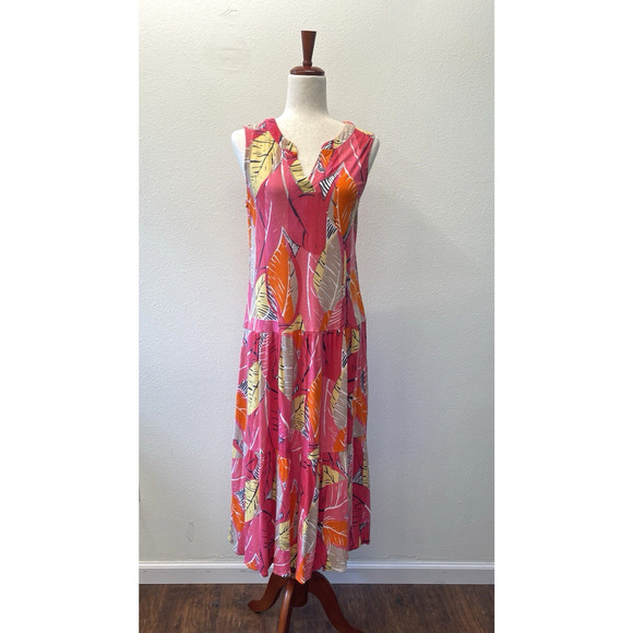 Nic+Zoe Feather Leaves Midi Dress Womens Size M Pink Orange Palm Print Tiered - Picture 1 of 8